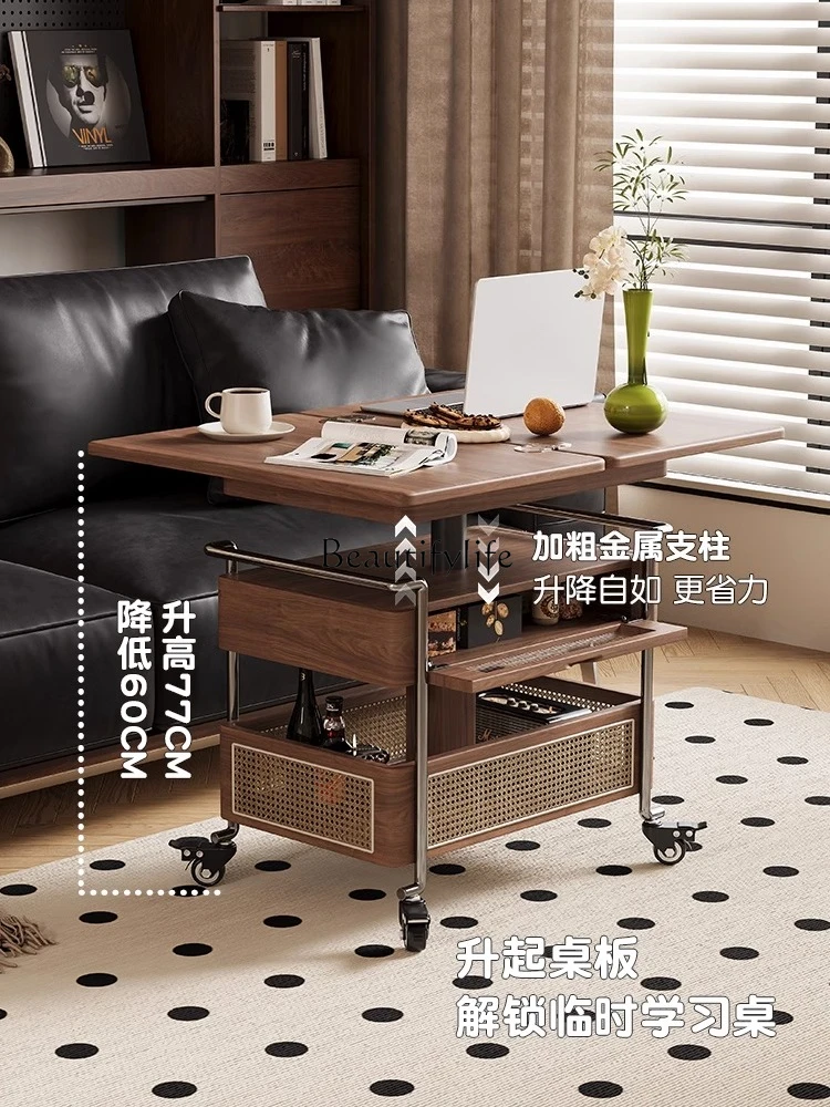 Movable side cabinets, lifting and folding multi-functional living room, balcony, solid wood coffee table