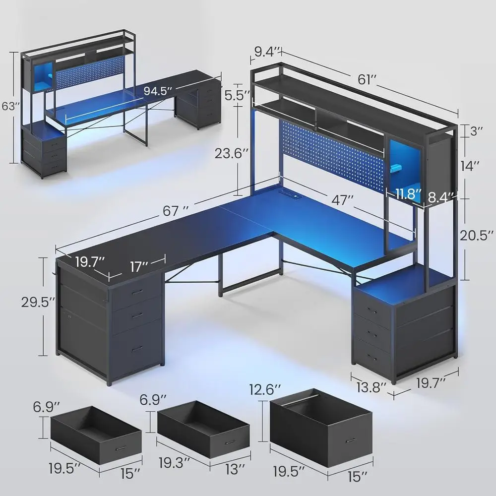 L Shaped Gaming Desk with Ders, Reversible Computer Desk with ile Der, Hutch, Storage Shelves or Home Oice, Gaming Two Person De