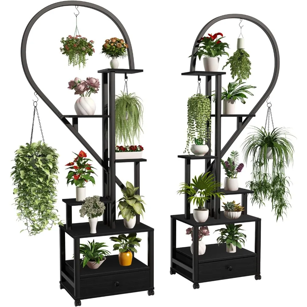 

FRIZIONE 2 Pcs 6 Tier Tall Metal Indoor Plant Stand with Detachable Wheels, Half-Heart-Shaped Plant Shelf Holder with Drawer, Mu