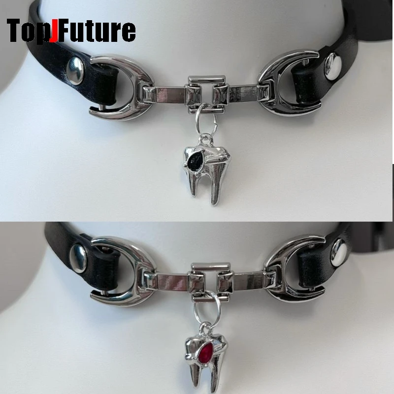 Subculture Y2K Girls Dark Punk Japanese style Faux leather Tiny teeth  red heart-shaped pendant black choker necklace