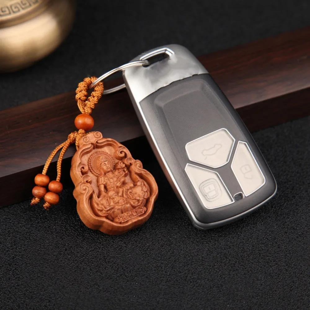 Bodhisattva Peach Wood Keychain Religion Carved Avalokitesvara Wood Keyring Vintage Creative Wooden Key Chain Car Keychain