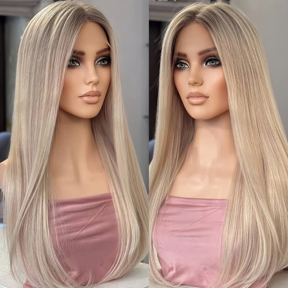 26 Inches Soft Long Straight Wig 13x4 Ombre Creamy Blonde Synthetic Swiss HD Lace Front Wig for Women Party Cosplay Daily Wig