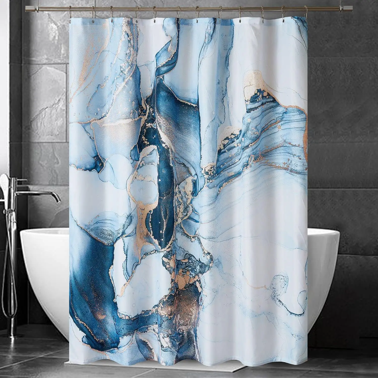 

Blue Gold Marble Shower Curtain Set, Abstract Granite Pattern, Luxury Modern Waterproof Bathroom Decor