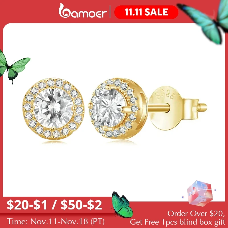Bamoer Vergulde Klassieke Halo Oorknopjes, 925 Sterling Zilver Hypoallergene Elegante Oorbellen
