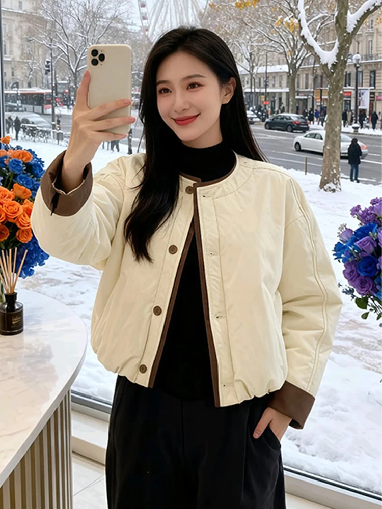 

Корейская модная высококачественная хлопковая куртка в стиле колор-блок для женщин, новая зимняя модель, стройнящая, белая, универсальная верхняя одежда