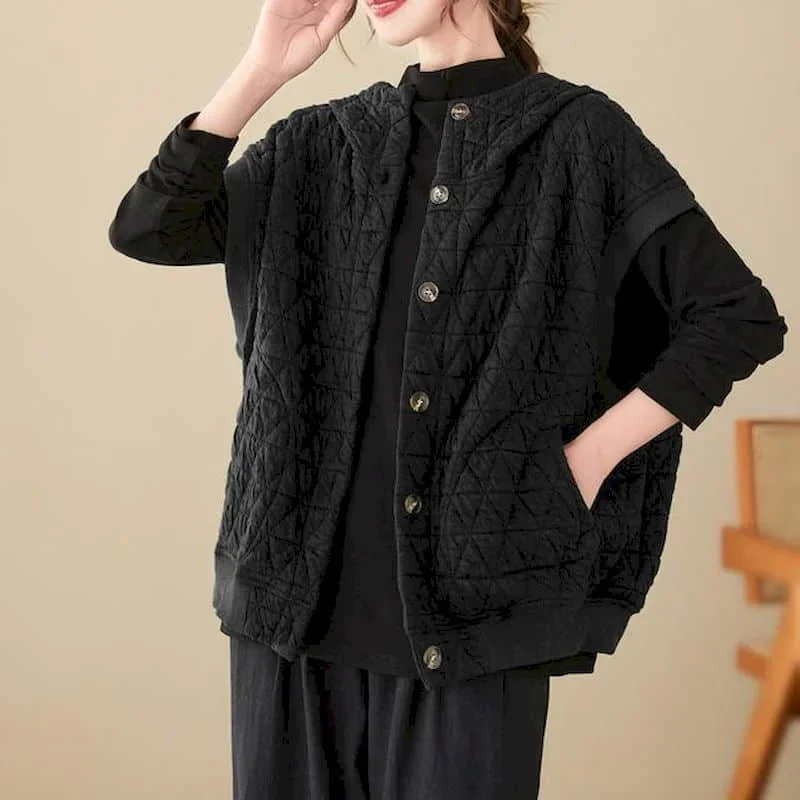 

Pop Solid Vest Women Hooded Casual Vintage Sleeveless Single Breasted Cardigan Korean Style Waistcoats Autumn Literary Women Top