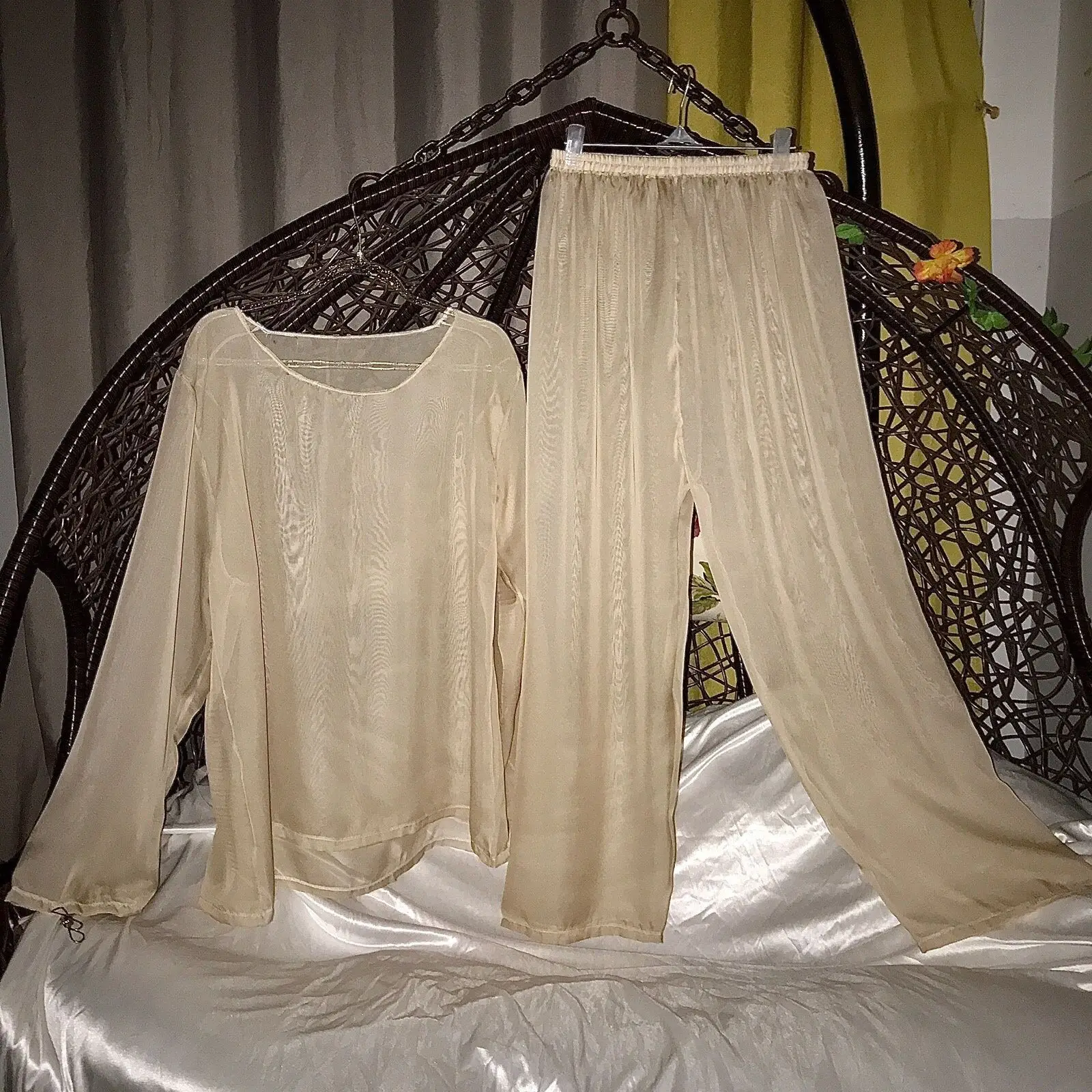 طقم مكون من قطعتين من شبكة تول لامعة للجنسين بأكمام طويلة وسراويل نوم سفلية #5