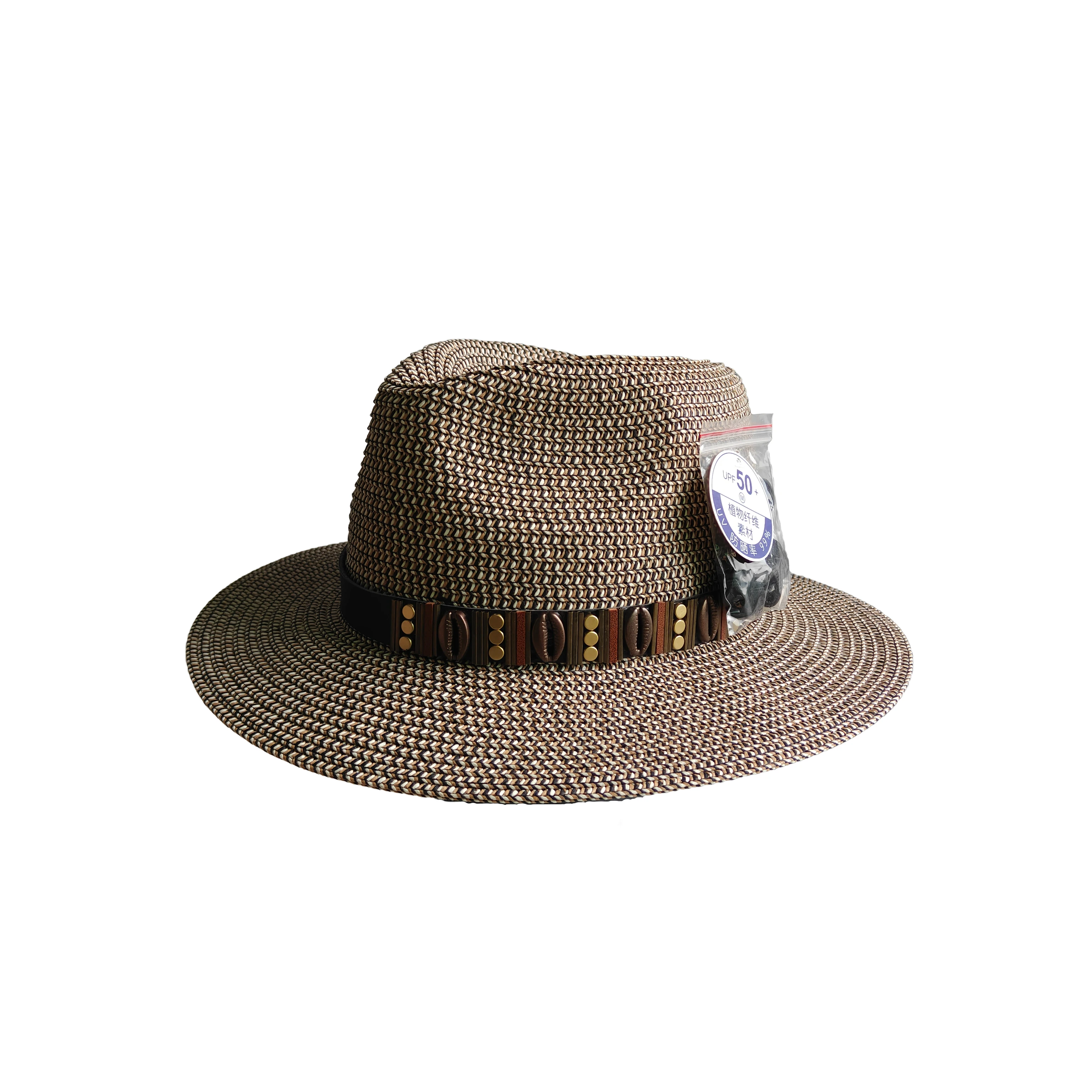 Retro Two-Tone Braided Straw Hat with Studded Band UPF 50+ Wide Brim Sun Beach Fedora Hat Men Women Casual Holiday Jazz Cap