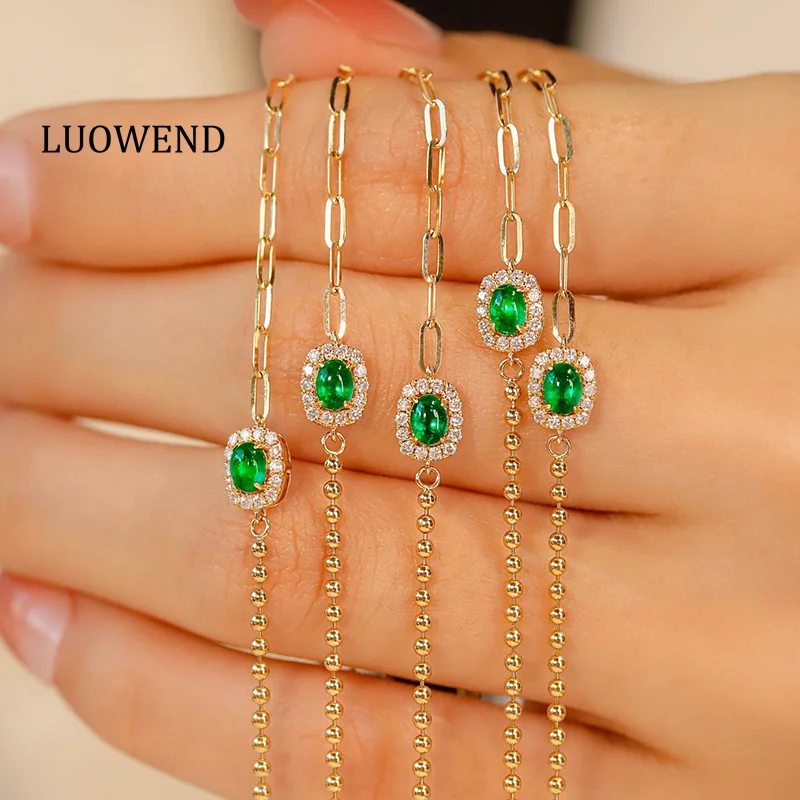 LUOWEND 18K Yellow Gold Bracelet Fashion AB Design INS Style Shiny Diamond Natural Emerald Bracelet for Women High Birthday Gift