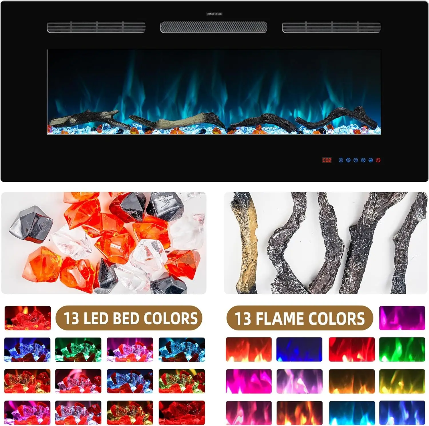 42 inches Electric Fireplace Inserts, Recessed and Wall Mounted Fireplace Heater, Linear Fireplace w/Thermostat, Remote