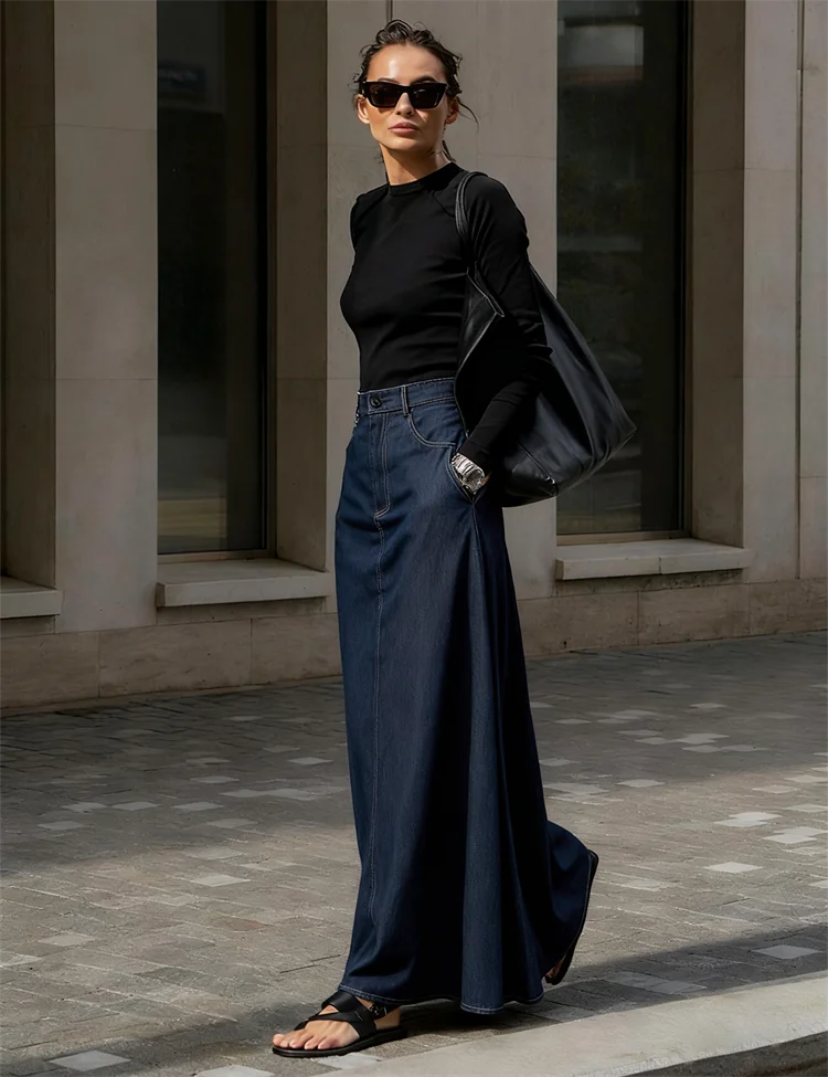 UOOZEE Women's High Waist A-Line Skirts 2024 New Autumn Fashion  Imitation Denim Solid Color Casual Office Long Skirt Bottoms