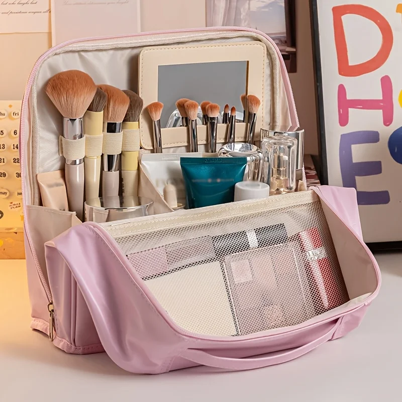 Large Capacity Opening Vertical Pu Cosmetic Handheld Toiletry Storage Pouch Organizer Travel Home Daily Makeup Carry Supplies