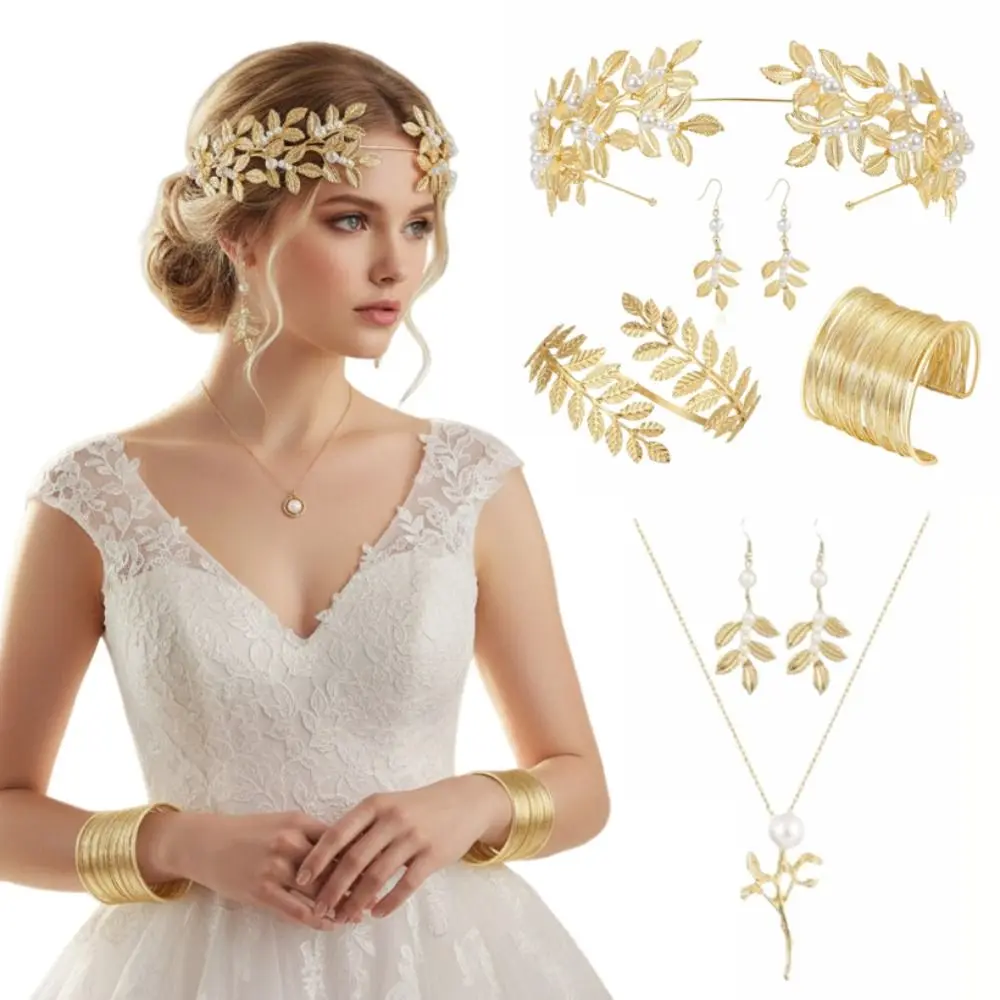Baroque Women's Wedding Jewelry Set Bridal Earrings Leaf Design Greek Goddess Hair Jewelry Hair Headbands Bracelet