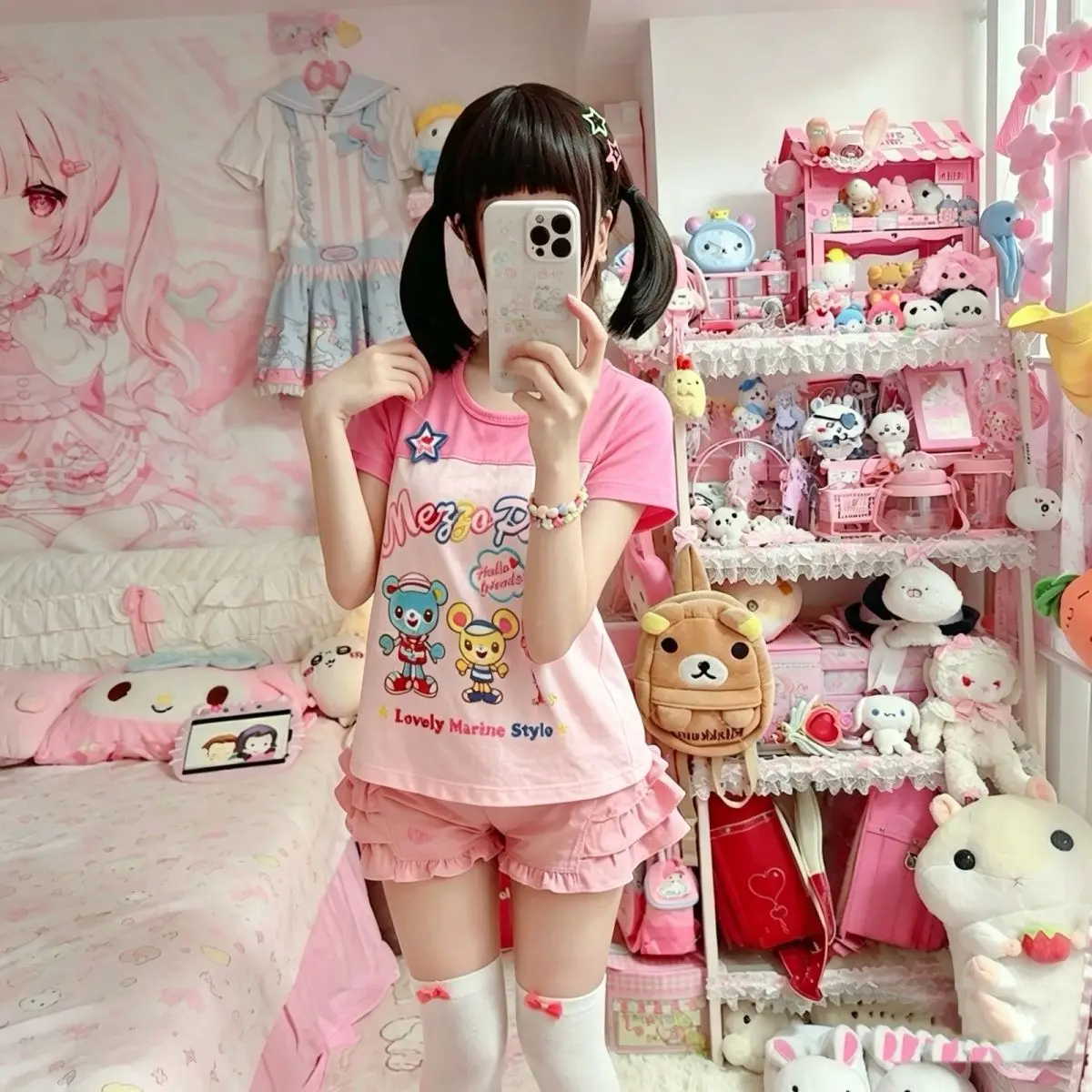 Japanese Cute Cartoon Mp Embroidery Jojifuku Short-sleeved T-shirt Summer New Sweet Girl Graphic T Shirts Color Blocking Y2k Top