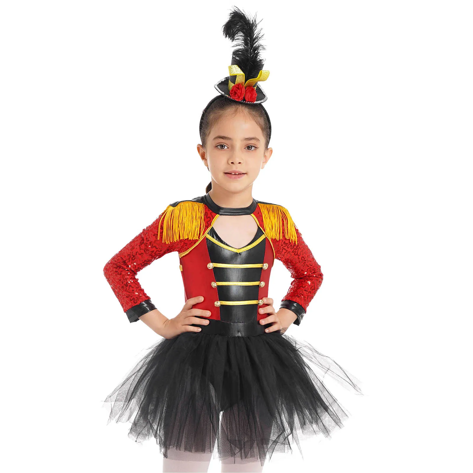 Kids Girls Circus Magician Costumes Long Sleeve Sequin Tassel Epaulet Tutu Skirt Built-in Brief Stage Garment Halloween Outfit