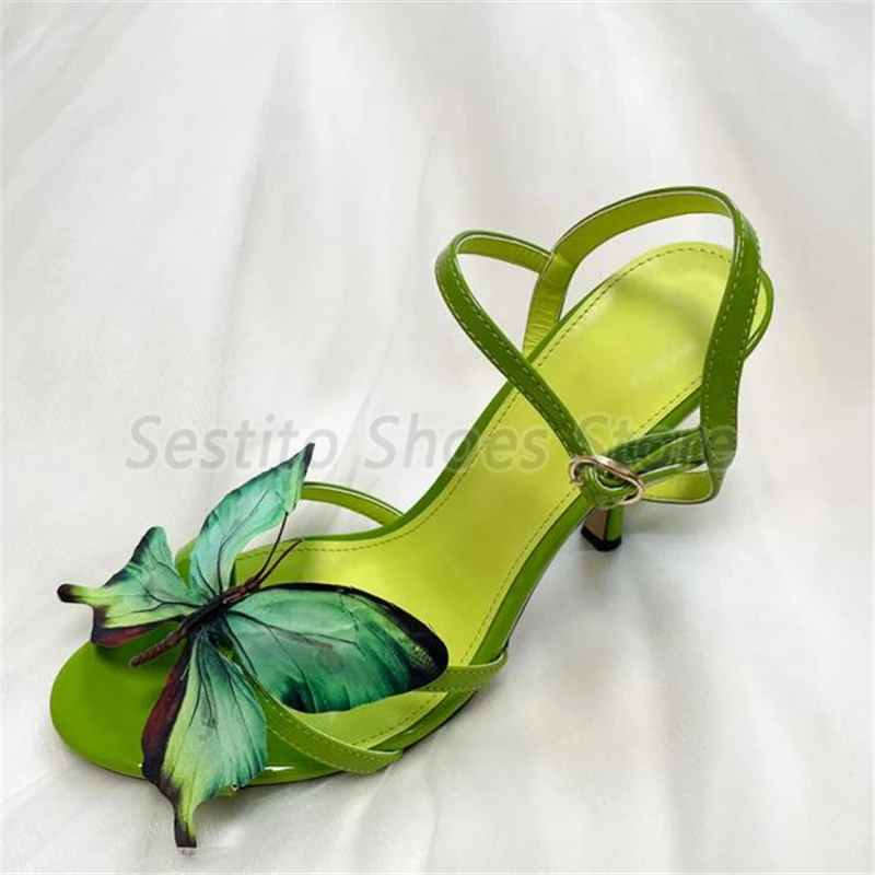 Summer New Green Butterfly Sandały dla kobiet Sexy Open Toe Ankle Strap High Heels Fashion Party Wedding Dress Shoes Stilettos