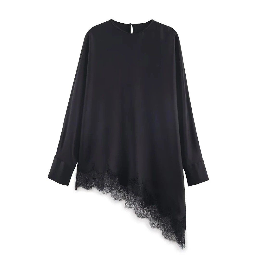 Faionable assimétrico renda irt feminino casual respirável poliéster longo sve redondo ne comprimento médio irt versátil sle