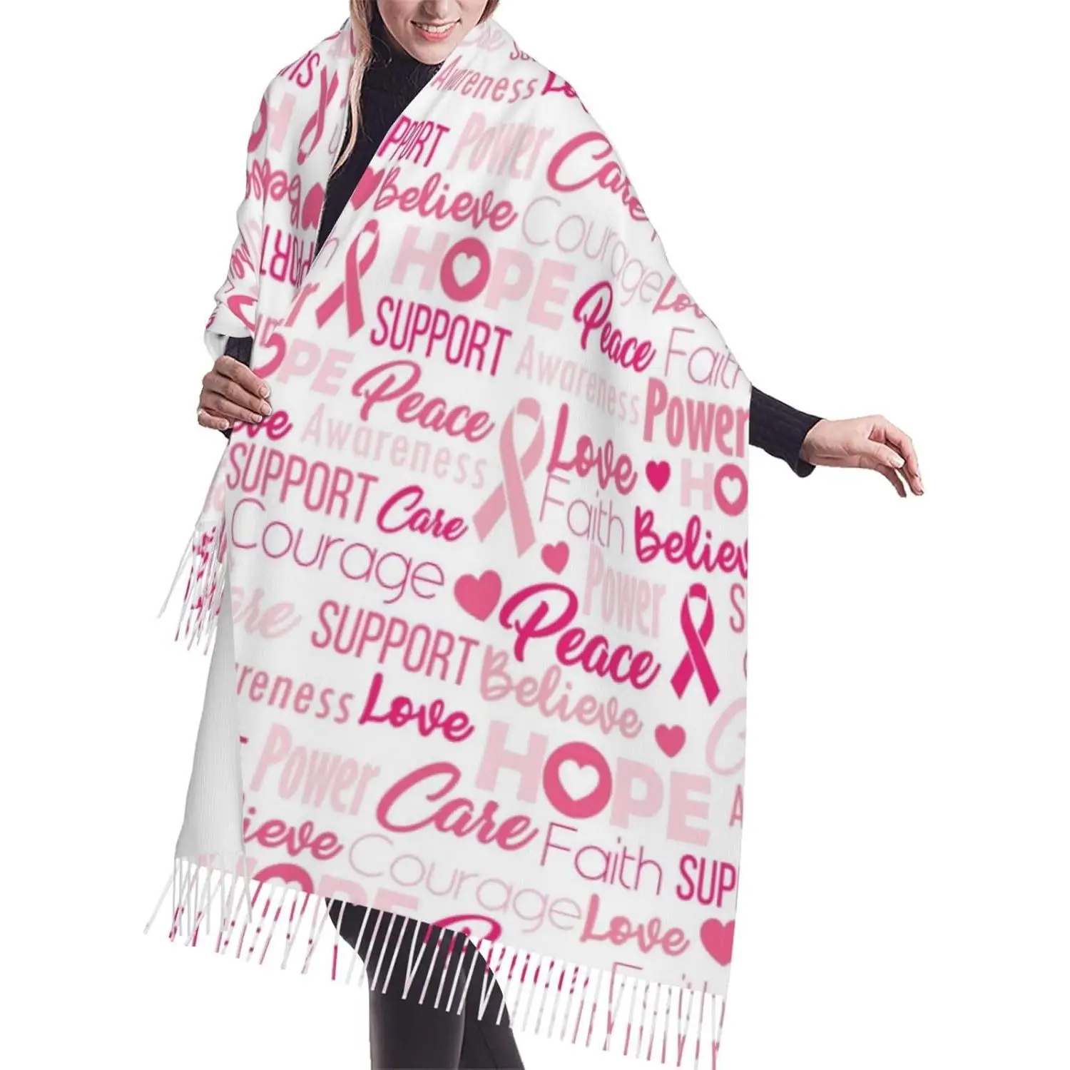 

Breast Cancer Awareness Tassel Scarf Wraps Fashion Fringed Scarves Classic Winter Warm Shawl Scarf Gifts