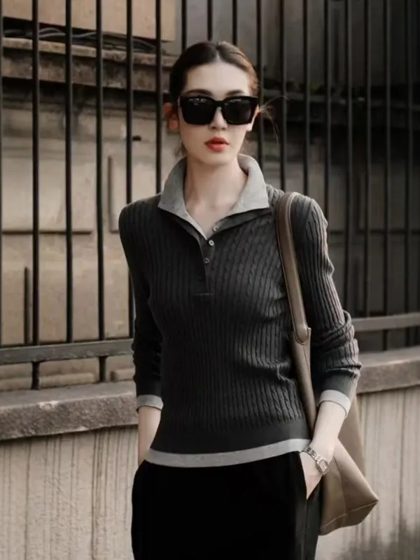 

Gray High Collar Long Sleeve Knitted Base Shirt Women's Autumn Winter High End Feeling Personality Inner Match Fake Two-Piece...