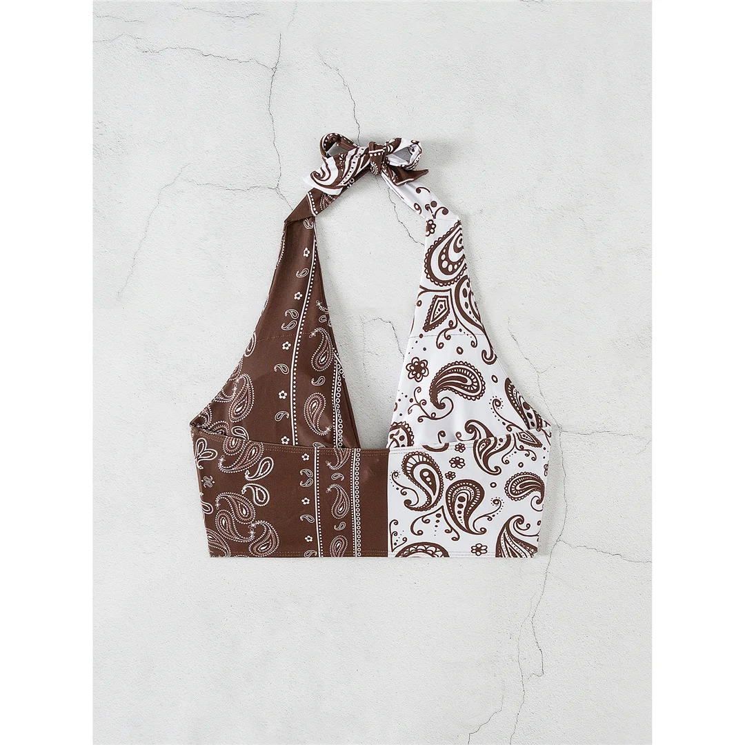 XS - L Sexy bedrucktes, gespleißtes Neckholder-Bikini-Oberteil mit Knoten, Damen-Badeanzug, Badebekleidung, Badeanzug, Strand-Oberteil V5817 – Detail 11