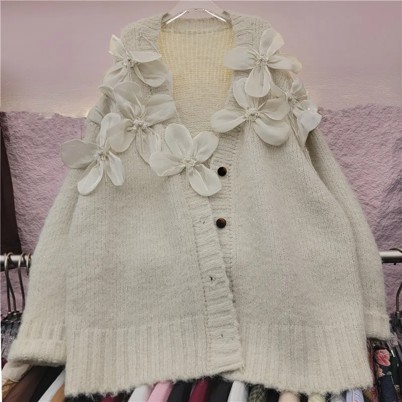 V-neck Medium Length Cardigan Sweater Women's Autumn and Winter New Heavy Industry Diamond-encrusted 3D Flower Thick Knitted Top