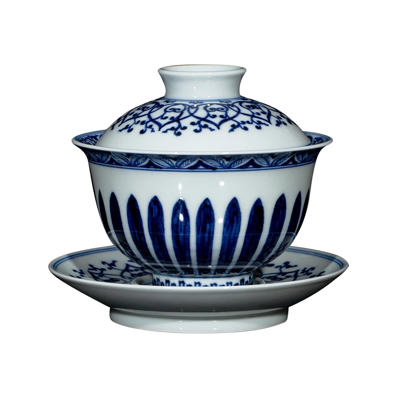 Zhongjia Kiln Lid Bowl Tea Cup Jingdezhen Pure Hand Painted Blue And White Imitation Yuanbao Xianghua Chaiyao Sancai Te