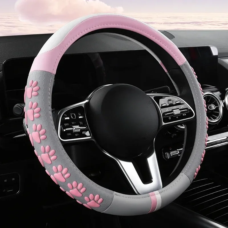 

Nappa Leather Car Steering Wheel Cover Cat Paw Pattern Universal Non-slip Handle Cover Cute Car Accessories Cute Steering Covers