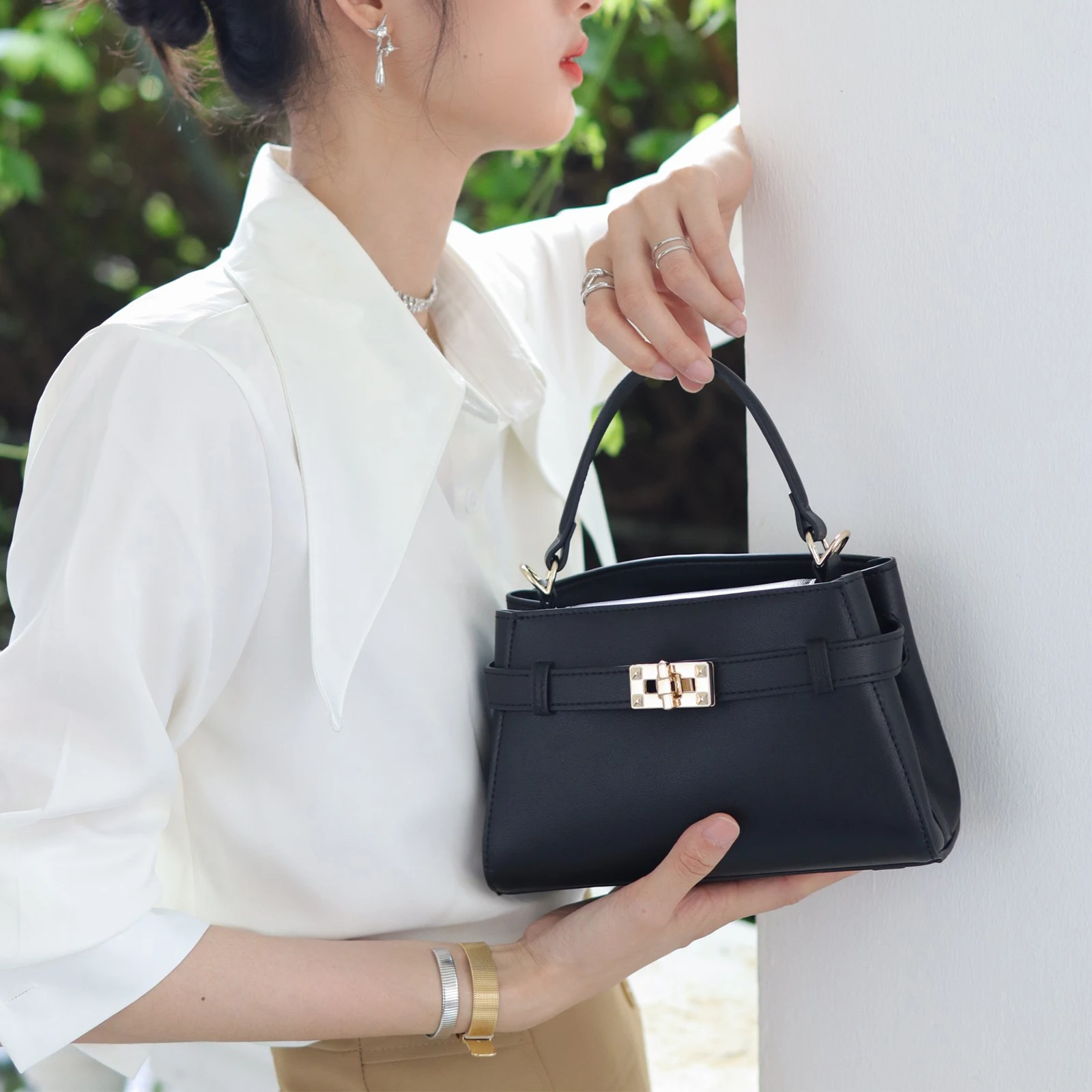 MIYA GARDEN Retro Kelly Bag Metal Buckle Decoration Handbag Single Shoulder Bag Crossbody Bag Urban Ladies Commuting Bag