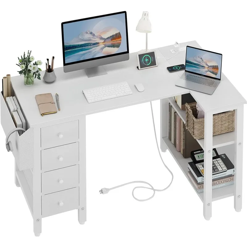 

White L Shaped Computer Desk with Drawers & Storage Shelves, 47 Inch Corner Desk with Power Outlet