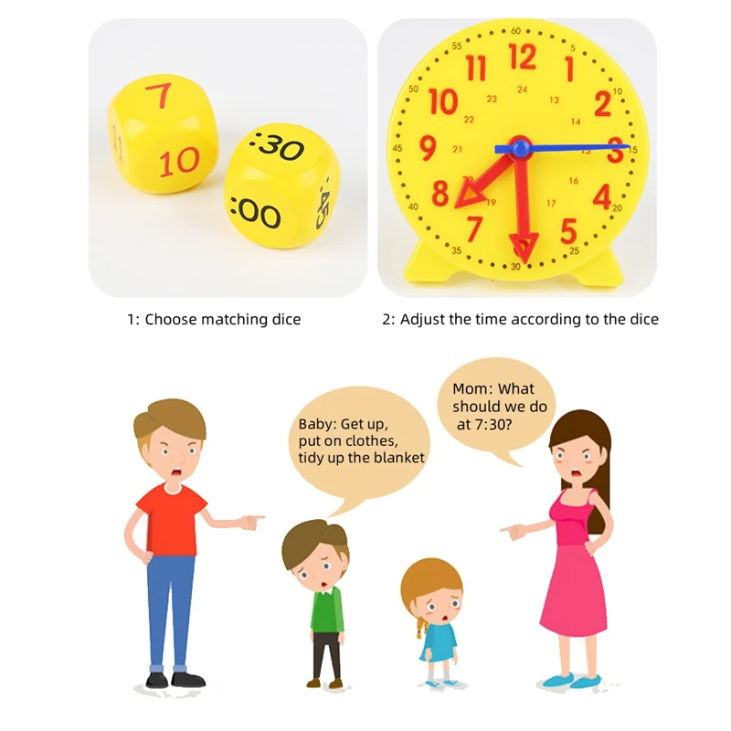 Zegar edukacyjny do nauki i demonstracji z 1 plastikowym zegarem i 3 kostkami do liczenia, zabawka edukacyjna do nauki matematyki dla dzieci, prezent na Boże Narodzenie.