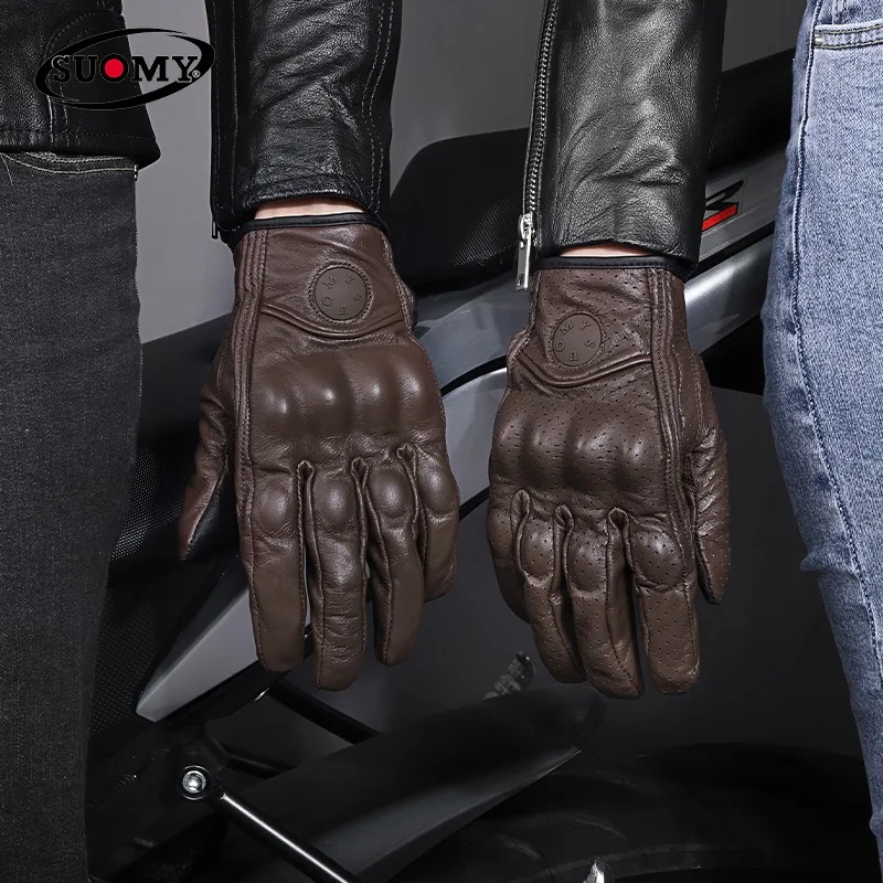 Yellow/Brown/Pink Vintage Leather Gloves Perforated Motorcycle Riding Glove for Men Women Breathable Touchscreen Motocross Glove view 5