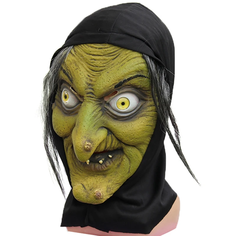 Horror Old Witch Mask Halloween Green Face Latex with Hair Fancy Dress Grimace Party Costume Cosplay Masks Props Adult One size