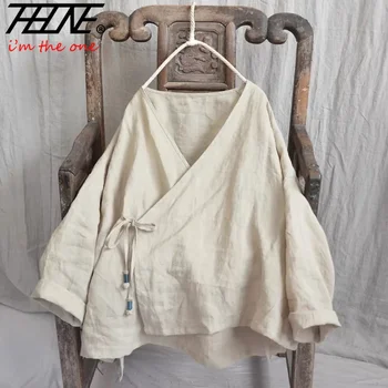 THHONE 패션 여성 블라우스 2024 가을 Blusa Mujer 긴 소매 한국 느슨한 여성 셔츠 코튼 린넨 솔리드 레이스 업 Camisas