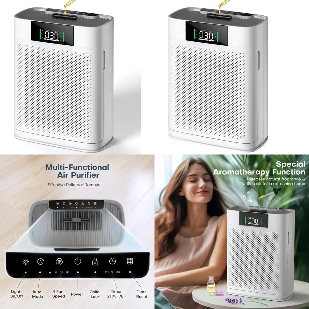 

Очиститель воздуха для больших помещений, подходящий для домашних животных, с датчиком PM2.5, функцией ароматерапии, защитой от детей, охватывает площадь 2300 кв. футов, цвет: белый молочный