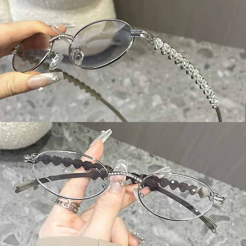 Gafas de sol ovaladas con diamantes de imitación para hombre y mujer, lentes de sol plateadas, redondas y pequeñas, con diseño de corazón, 2024