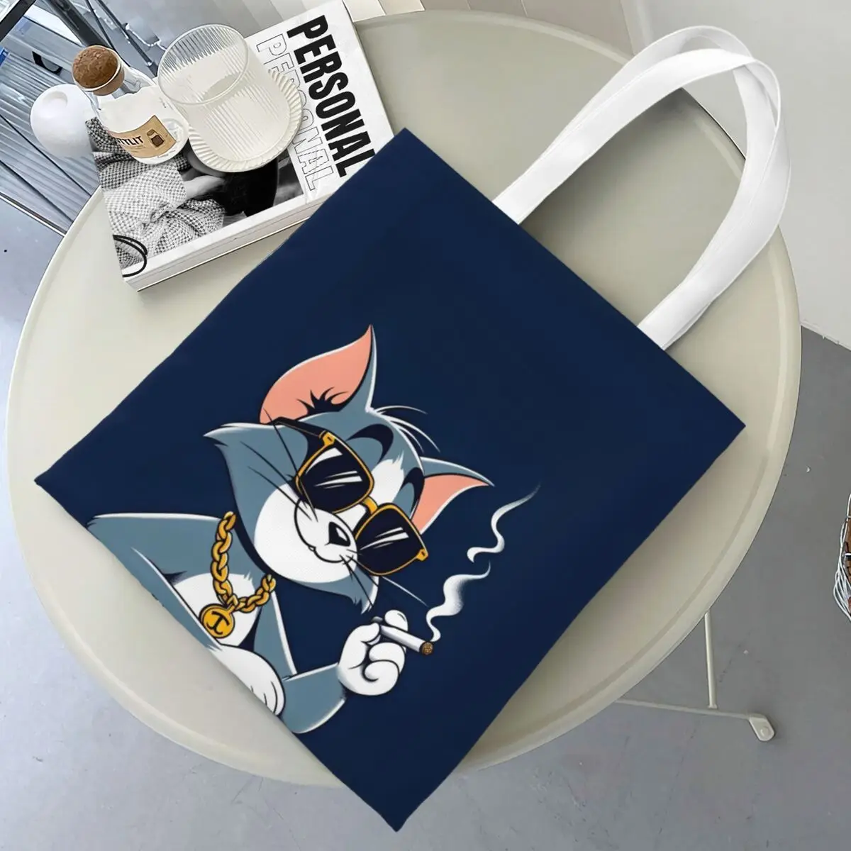 

Unisex Wearing Glasses Tom And Jerry Tote Bags Large Capacity Grocery Bag for Girl Handbags