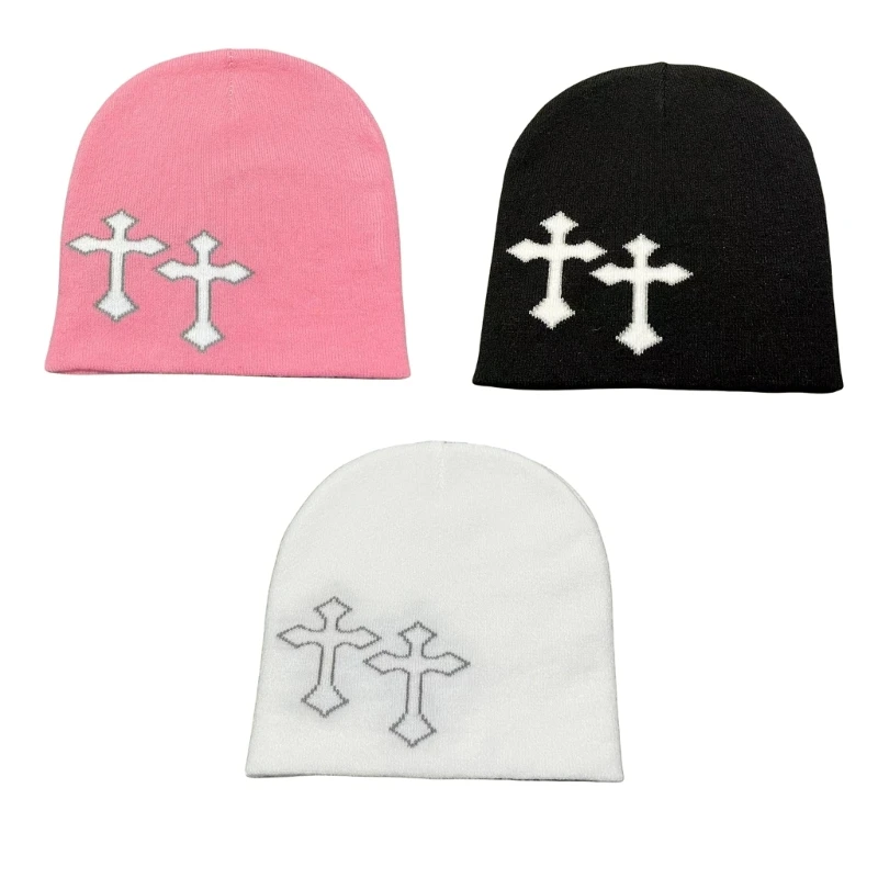 Jacquard Cross Pattern Hat Adult Elastic Hat Winter Warmer Knitted Hat Cold Winter Presents for Students Teenagers