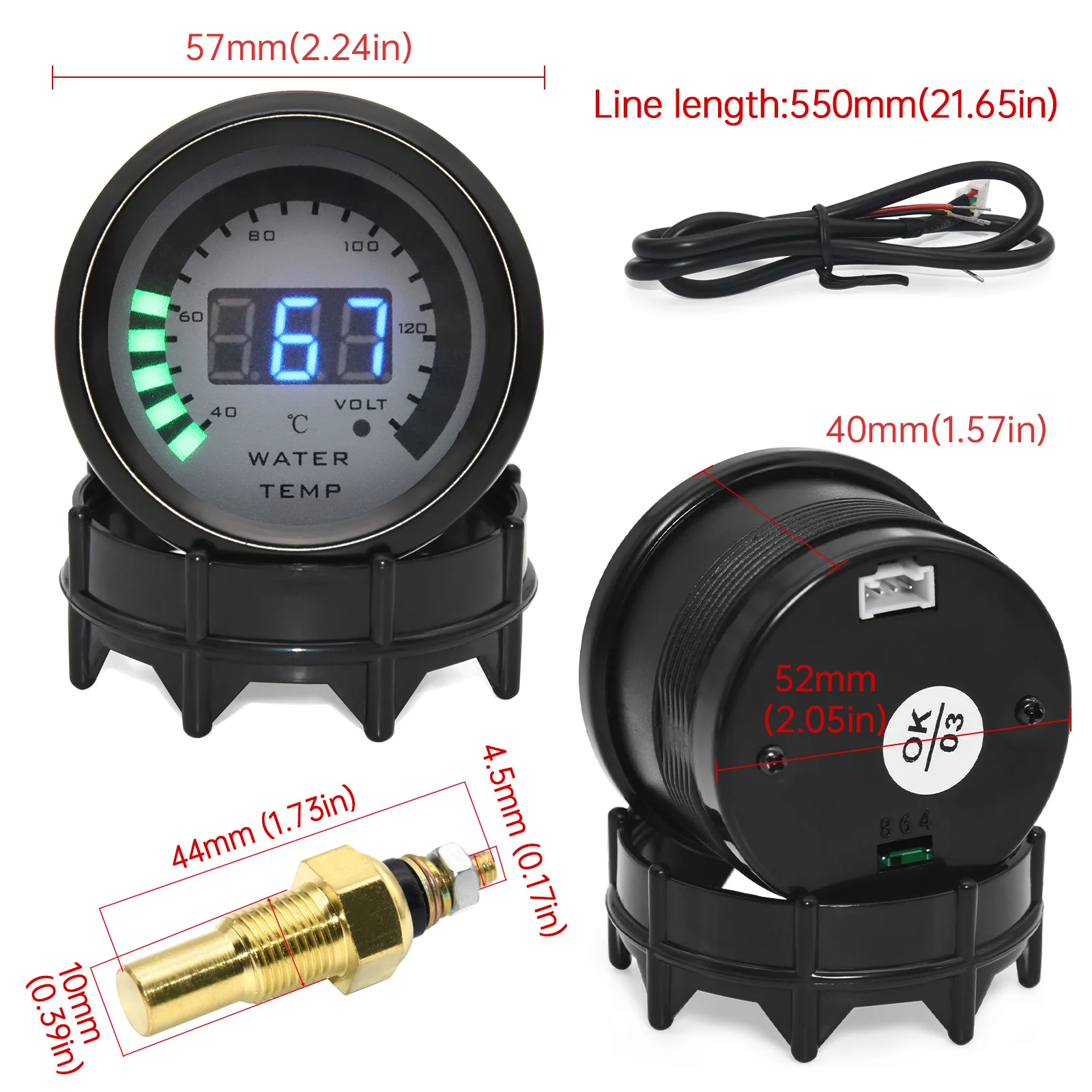 52MM Digital Water Temperature Meter With 1/8NPT Car Temperature Sensor 40~150 Celsius Degree For 12V Gasoline Vehicle