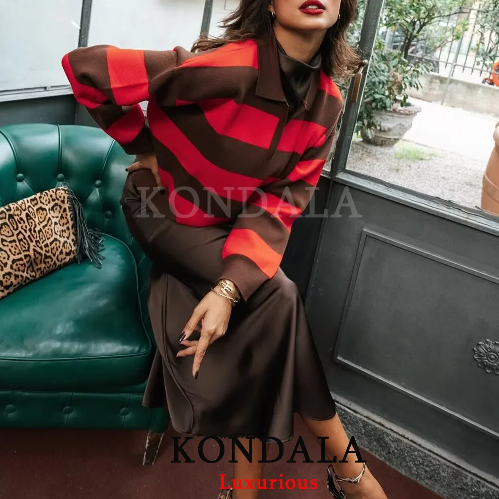 KONDALA سترات فضفاضة متماسكة مخططة غير رسمية للنساء بياقة على شكل V وأكمام طويلة بلوفرات موضة خريف 2025 قطع علوية سميكة ودافئة Y2K للفتيات