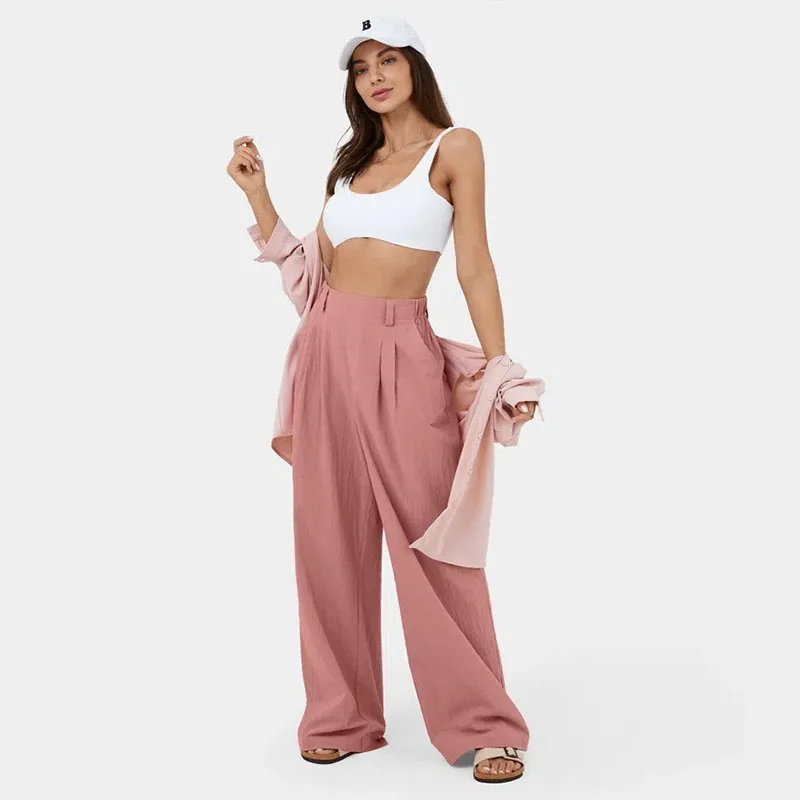 

Хлопковые широкие брюки с высокой талией, повседневные свободные летние брюки-палаццо, офисные льняные широкие брюки, дышащие свободные хлопковые брюки