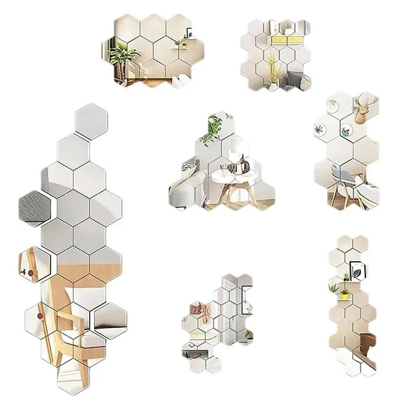 12PCS/Lot Geometric Solid Hexagonal Mirror Wall Stickers DIY With Built-in Adhesive and Removable Home Decoration