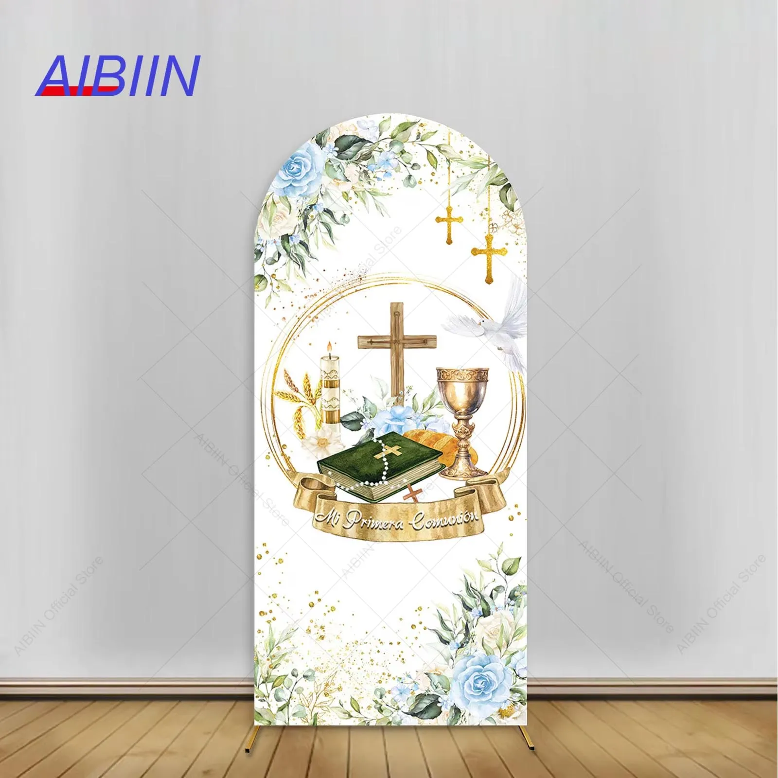 

First Holy Communion Arch Backdrop Cover Wood Cross Baptism Boy Girl Boho Blue Cyan Flowers Party Decor Gold Bless Background