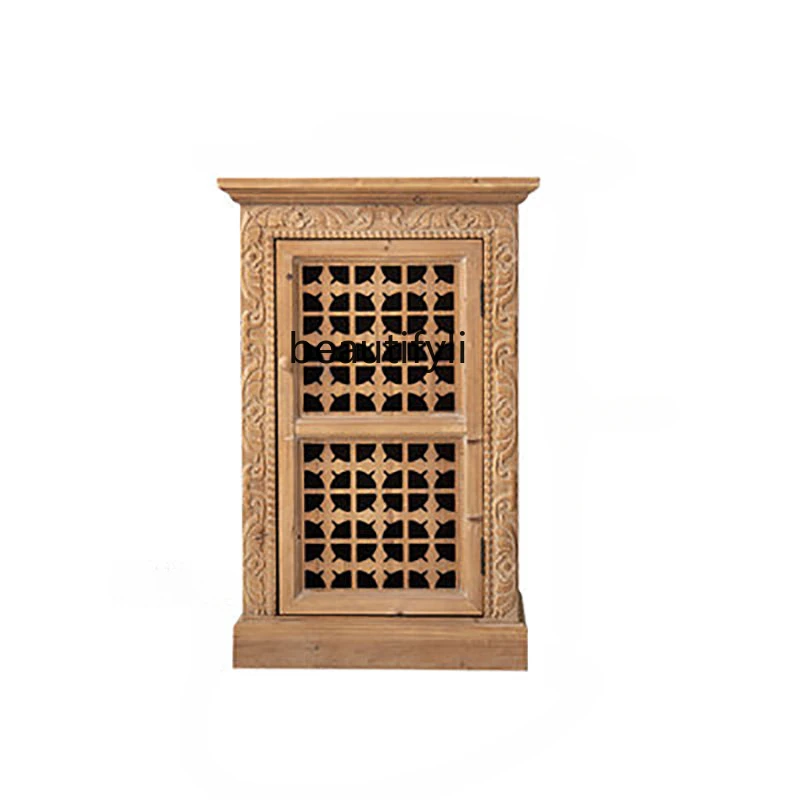 

American Country Corner Cabinet Wood Color Wood Carved Hollow Locker Floor Small Cabinet Low Cabinet