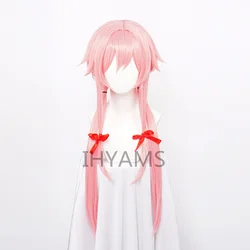 De Toekomst Dagboek Yuno Gasai Lange Roze Rechte Styled Anime Cosplay Pruik Mirai Nikki Synthetisch Haar Pruiken + Rood Lint + Pruik Cap