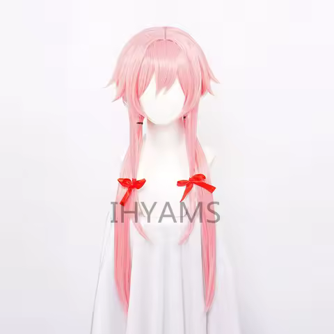 The Future Diary Yuno Gasai Long Pink Straight Styled Anime Cosplay Wig Mirai Nikki Synthetic Hair Wigs +Red ribbon + Wig cap
