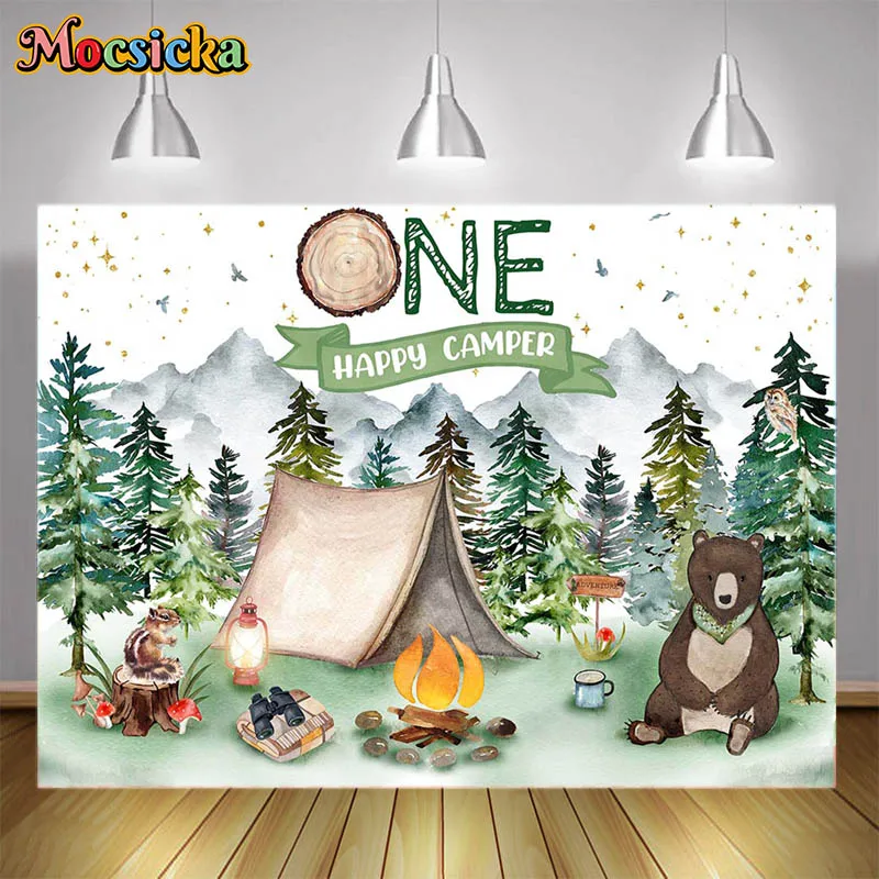 

Mocsicka Jungle Camping Photography Backgrounds Wild One Tents Pine Trees Party Decoration Props Kids Portrait Backdrop Studio