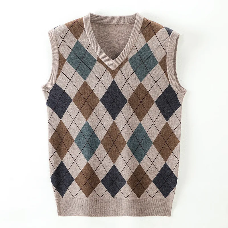 Middle Aged Men\'s Casual Vintage V-neck Sweater Tank Plaid Printed Patchwork Screw Thread Loose Jacquard Sleeveless Knitted Top