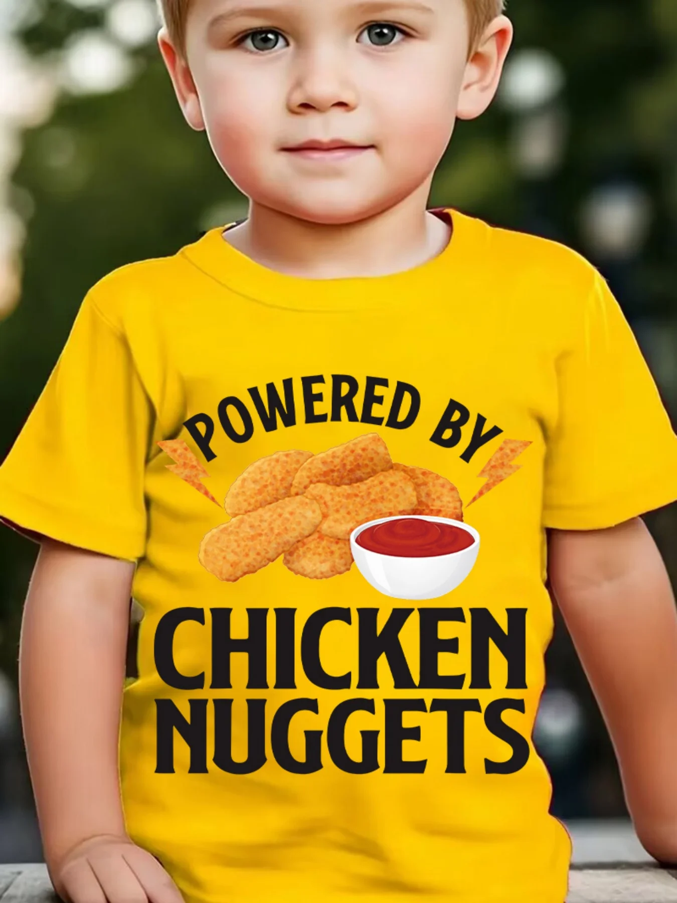 DX5093 Boys POWERED‑BY‑CHICKEN‑NUGGETS‑Nugget‑Ketchup‑Print Casual Summer Crew‑Neck Short‑Sleeve T‑Shirt