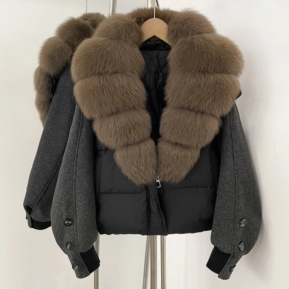 

Reality Fur Jacket Women New Puffer Jacket Autumn Winter Loose Patchwork Sleeves Natural Real Fur Collar Down Coat Female Thick