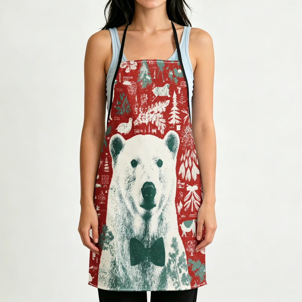 Vintage Style Apron Red Polar Bear Bow Tie Pattern Kitchen Aprons Cooking Baking Adjustable Bibs